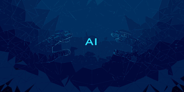 Wireframe hands reaching towards each other with ai text digital illustration in blue tones