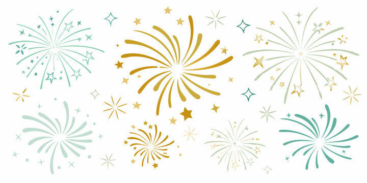 watercolor fireworks in teal and gold with scattered stars on a white background