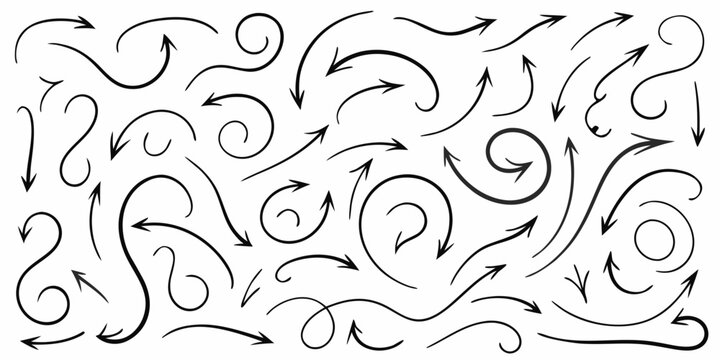 collection of hand drawn black ink arrows in swirling and directional patterns on white