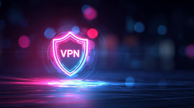 Glowing neon shield icon representing a VPN. Virtual private network for secure internet access, data privacy, and online safety