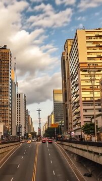 Paulista Avenue, financial center of the city and one of the main places of Sao Paulo, Brazil. Time lapse in vertical video