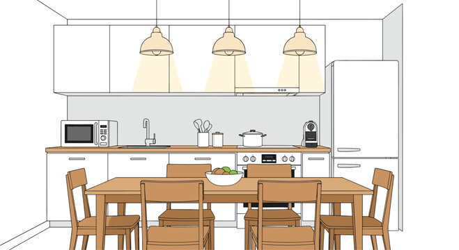 Interior view of a clean and modern white kitchen with a dining table, chairs, cabinets, and light fixtures in a home.