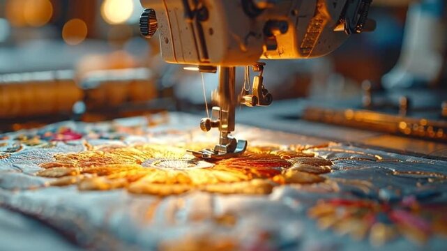A close-up view of a sewing machine working on colorful fabric patterns