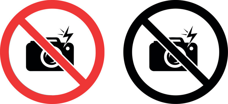 No Photography Allowed Icon Set with Flash Prohibited Symbol in Red and Black Circles Vector Illustration