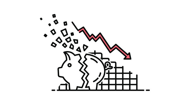 Broken piggy bank icon with falling red arrow signifies financial crisis, economic loss, and bankruptcy concept.