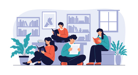 Fototapeta premium Group of people enjoying reading books in a library or cozy room with bookshelves, plants, and comfortable seating.