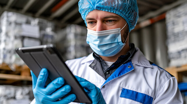 A cold chain compliance officer photographs temperature data loggers inside a pharmaceutical freight container using a tablet, sterile clinical interior, sealed medication pallets visible behind, id