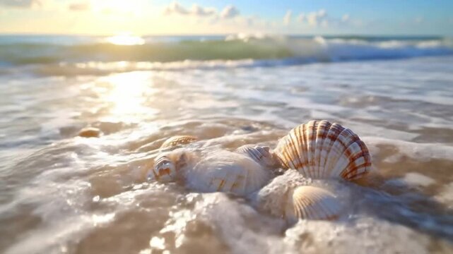 Seashells on a sandy beach with ocean waves and bright sunlight shining