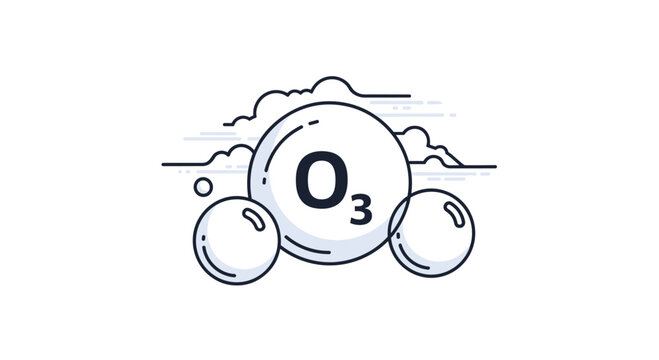 Large ozone molecule symbol O3 with clouds represents atmospheric protection and environmental science research concept.