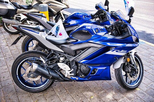 Raanana, Israel. May 19, 2023. Motorcycles Yamaha R3  in the parking lo