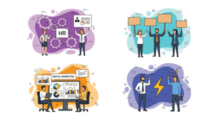 Naklejka premium Business scenes collection featuring human resources recruitment, public protest, marketing analysis, and workplace conflict.