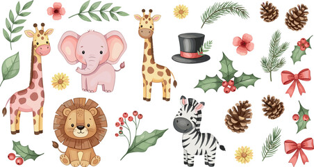 Cute watercolor safari animals with giraffe elephant lion zebra and Christmas floral elements on white background © MdImran