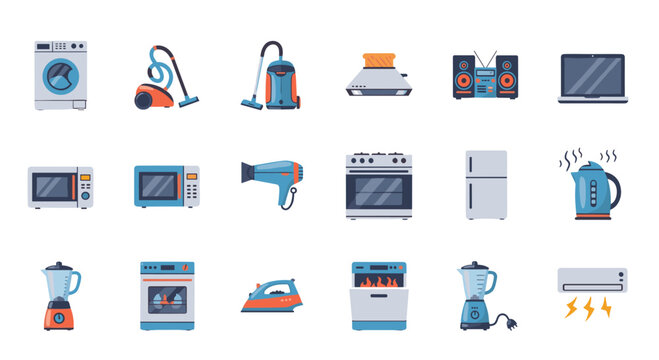Large collection of household appliance icons including kitchen tools, cleaning devices, and electronic gadgets for home life.