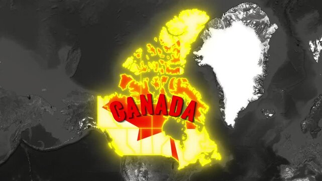Canada Map Animation with Flag Overlay and Glowing Yellow Borders on Black Background