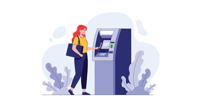 Young woman standing in front of an automated teller machine making a financial transaction or checking her bank balance.