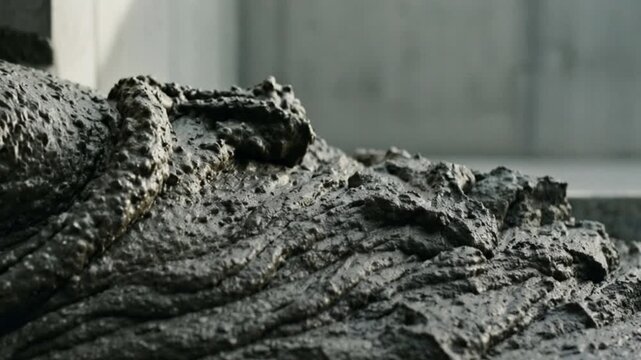 Close up of wet grey concrete mixture pouring and moving at a construction site
