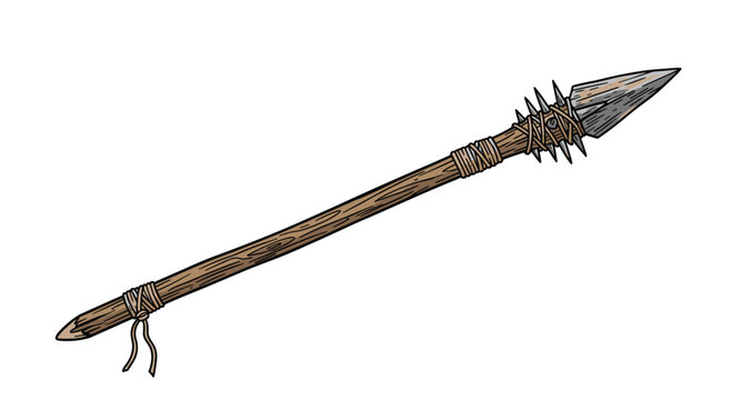 Detailed illustration of an ancient primitive spear with a sharp stone tip and a wooden handle tied with rough rope strings.