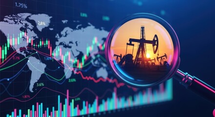 Obraz premium Global Energy Market Trends and Oil Industry Analysis with Financial Graphs and World Map Concept of Economic Research and Investment in Petroleum Sector
