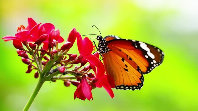 Danaus Chrysippus Butterfly Feeding On Red Flowers, Plain Tiger Butterfly Drinking Nectar In Nature, Orange Butterfly Pollinating Tropical Blossoms Close Up