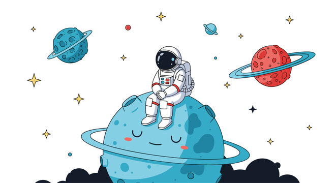 Astronaut in a white spacesuit sitting on a cute blue planet with rings surrounded by other planets and stars.