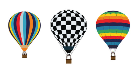Obraz premium Three colorful hot air balloons with different patterns including stripes, checkered, and rainbow colors.