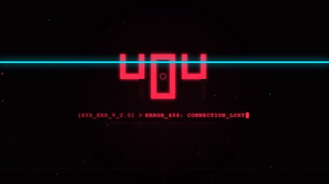 Digital 404 error message in glowing red neon font with a system error command prompt on a dark futuristic background featuring a bright blue horizon line.