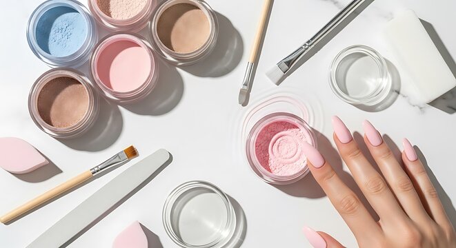 Close-up of hands applying dip powder nail polish with makeup tools on white table. dip powder nails 