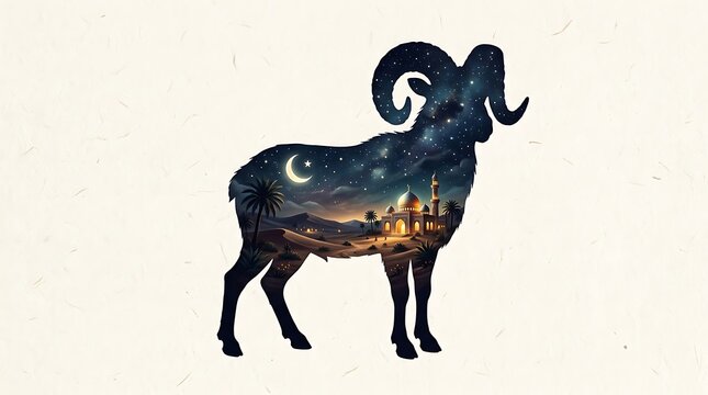 Majestic Ram Silhouette with Desert Mosque & Starry Night Sky Islamic