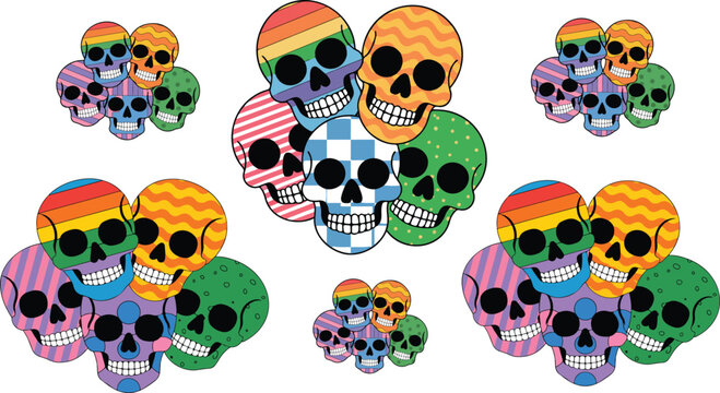 Colorful skull pattern set with six decorative clusters of stylized bones arranged symmetrically on white background in playful vector illustration design