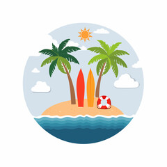 Obraz premium Tropical Island Paradise with Palm Trees and Surfboards