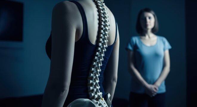 Woman with spinal deformity or scoliosis wearing black tank top standing in front of another woman in blue shirt with hands clasped in dark room