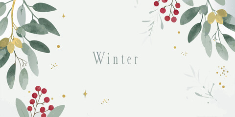 watercolor winter botanical frame with berries and leaves on a pale background © Lalin