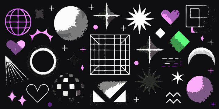 abstract geometric shapes and celestial objects on a dark background
