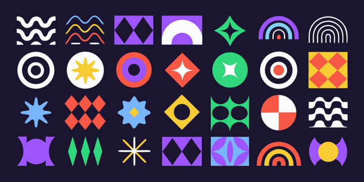 abstract geometric pattern collection with colorful shapes on a dark background
