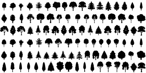 collection of black tree silhouettes on a white background various shapes and sizes © Lalin