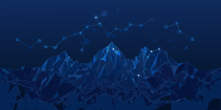 low poly mountain range with constellation illustration in dark blue tones