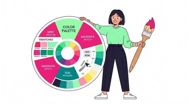 A smiling graphic designer holds a large paintbrush next to a vibrant color palette wheel showing various swatches and hex codes for modern digital art projects.