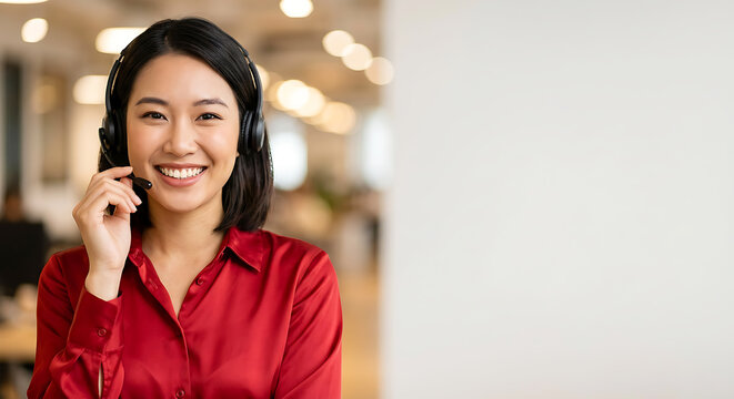Asian customer care representative smiling with headset in red silk shirt, business concept copy space.  Support agent wearing headset working in modern call center office with advertising background.