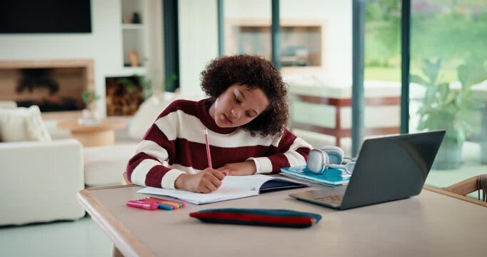 Child, writing and homework in house with laptop, online education and problem solving for math task. Girl, notes and thinking in home with computer, elearning assignment and notebook for numeracy.