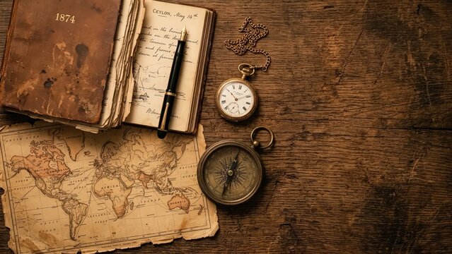 Vintage Exploration Still Life with Antique Map Compass and Pocket Watch