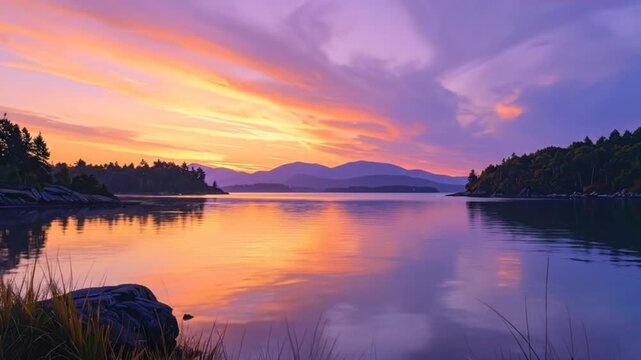 Beautiful sunset over a calm lake with mountains in the background