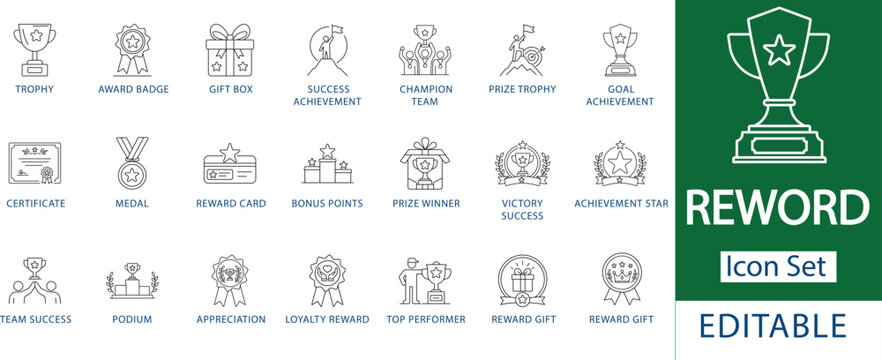 reward and achievement icon set: professional award badge and certificate, corporate employee recognition trophy, customer loyalty gift, and success goal milestone line icons