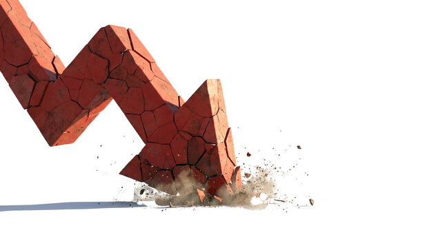 Cracked red downward arrow shattering on impact, symbolizing financial crisis and economic recession. A broken market indicator, representing business failure and stock market crash.