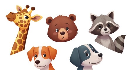 Fototapeta premium Collection of cute cartoon animal faces including giraffe bear raccoon dog and dalmatian for kids and children educational materials promoting wildlife and friendship.