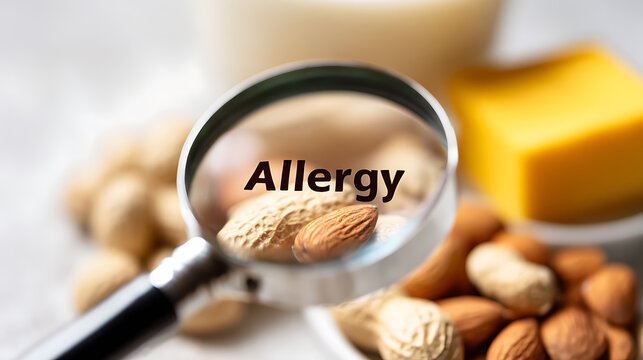 Magnifying Glass Highlight Allergy Word Over Assortment of Food Items Like Nuts, Dairy, and Plant-Based Milk, Representing Food Sensitivities