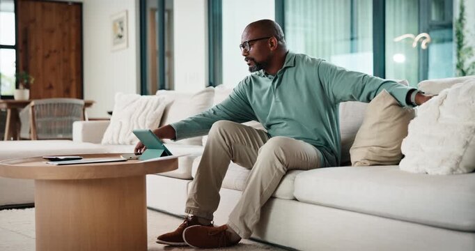 Sneaky, man and typing in home with phone, social media and check dating website for infidelity. Mature, black person and smile with tech, secret relationship and text for online cheating affair.