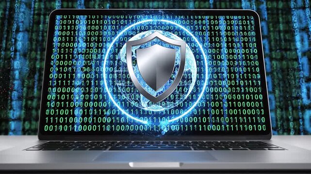 A glowing shield over binary code symbolizes cybersecurity, vigilance, and the resilient defense of digital trust in a connected world.