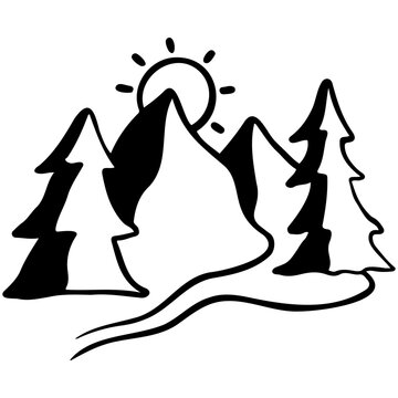 Handdrawn Mountain Sunrise Landscape Illustration