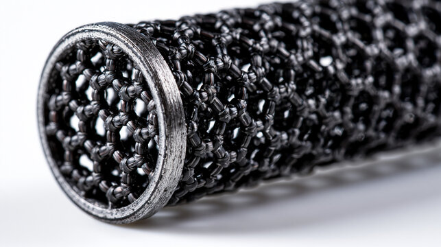 Close up of a carbon capture membrane filter cross-section under laboratory light, hexagonal polymer lattice visible in extreme detail on white background, perfect for carbon technology, materials s