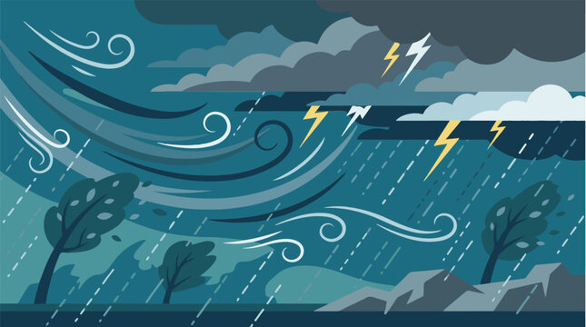 Severe windstorm and thunderstorm landscape with powerful gusts, heavy rainfall, dark storm clouds, lightning strikes, and trees bending under extreme weather conditions.